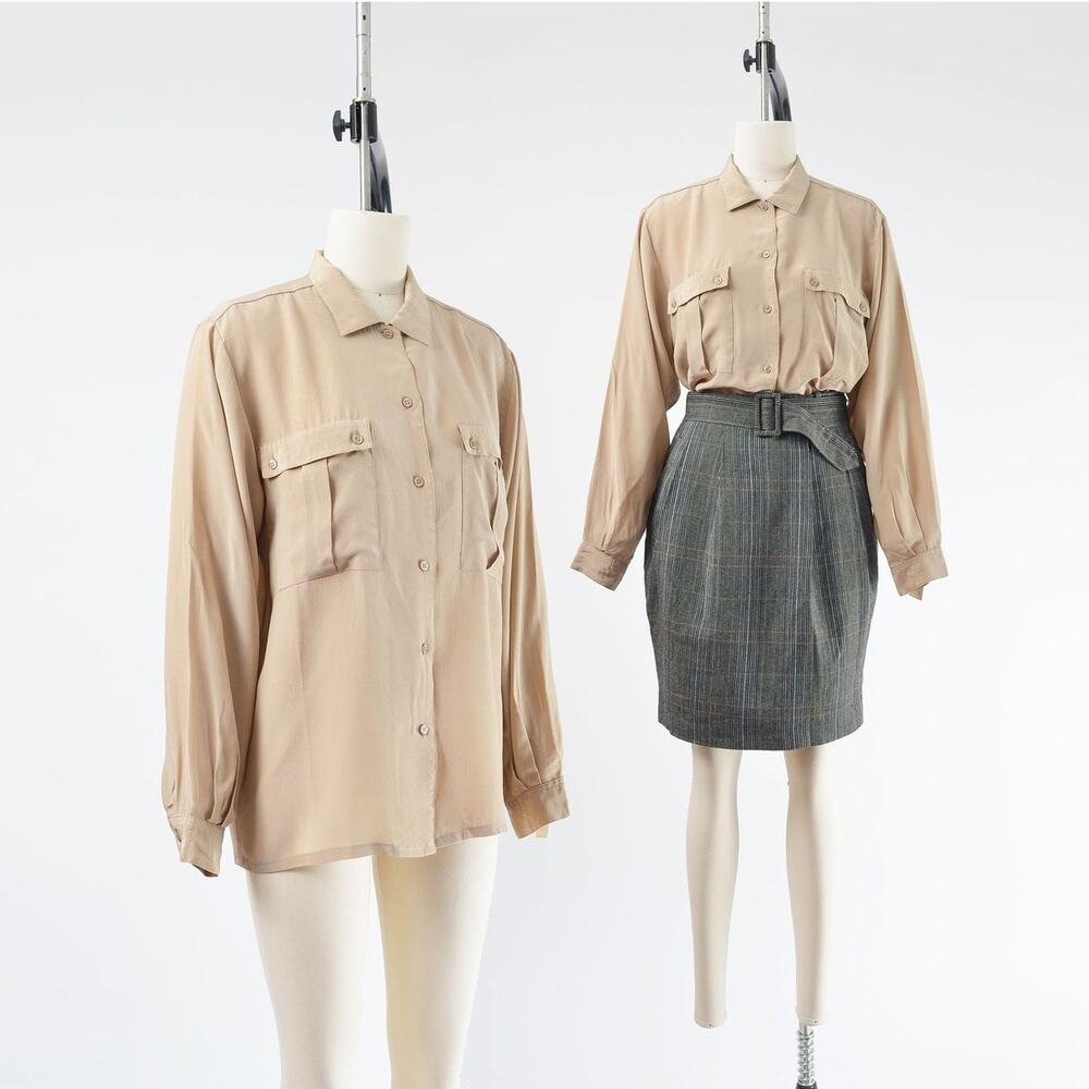 Vintage 80s Tan Silk Blouse Collared Button Down Minimalist Classic Shirt M